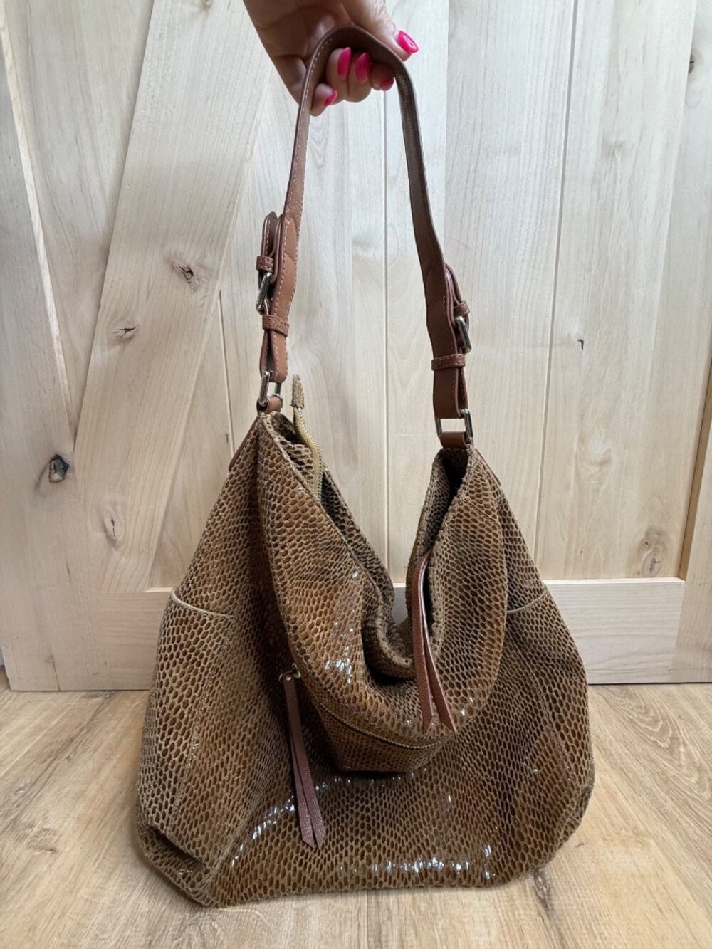 Sorial New York Brown Snake Print Textured Shoulder Bag Paisley Lining Adjustabl